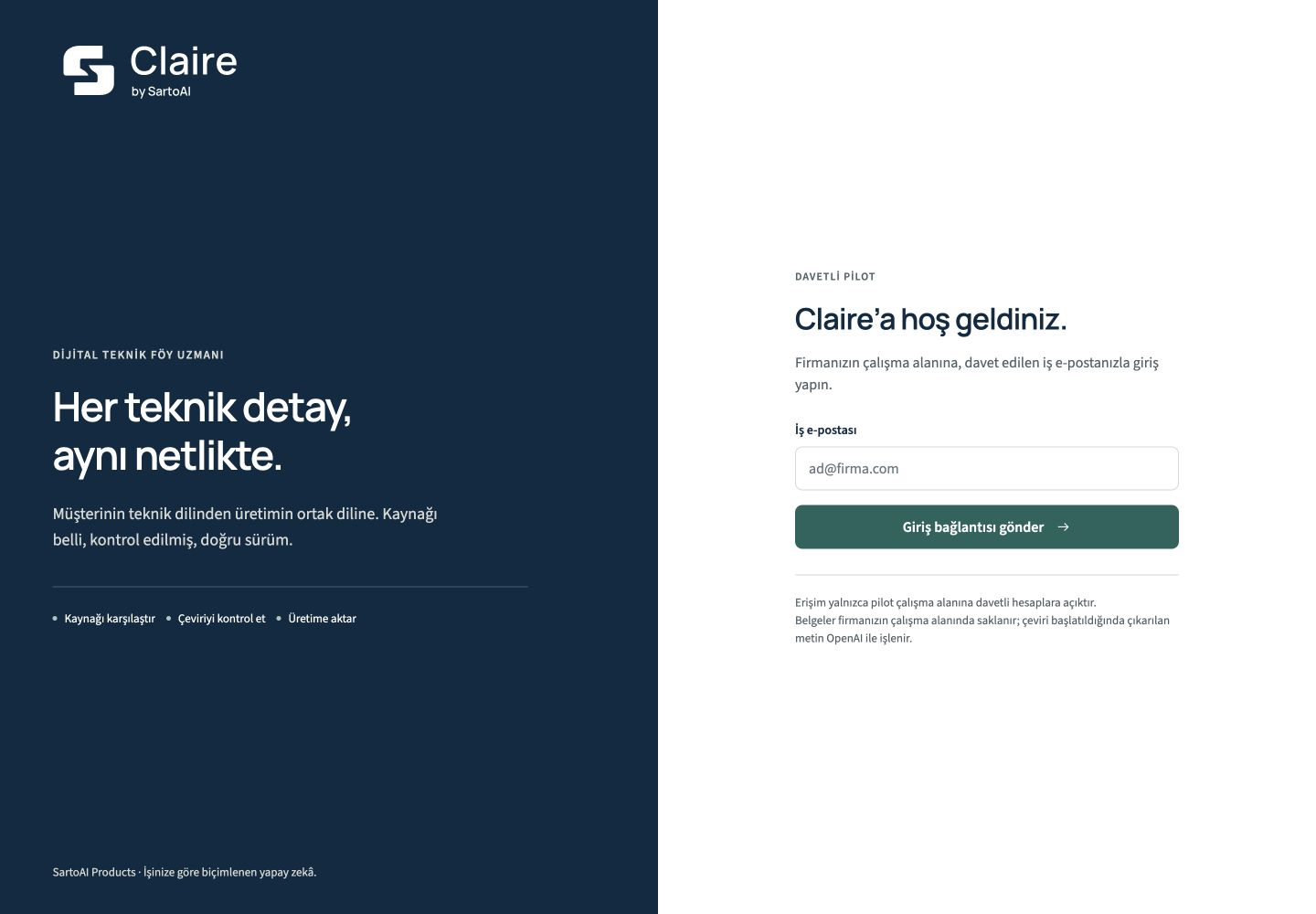 Claire - Davetli teknik föy çalışma alanına giriş