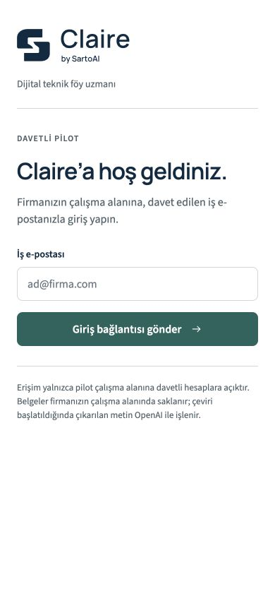 Claire - Mobil giriş ekranı