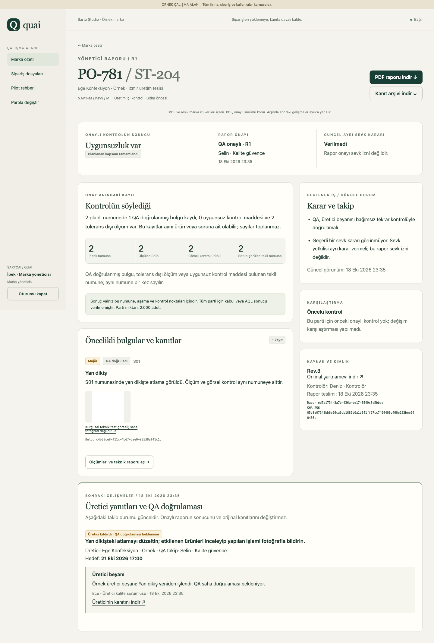 Quai — Management report and evidence