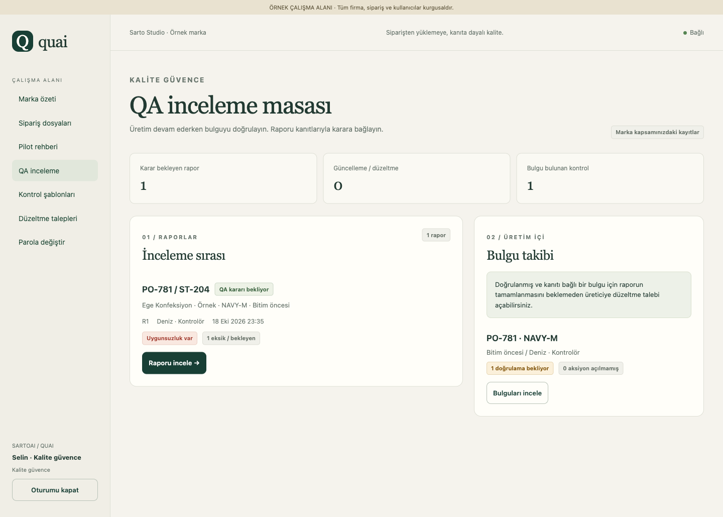 Quai — QA inceleme masası
